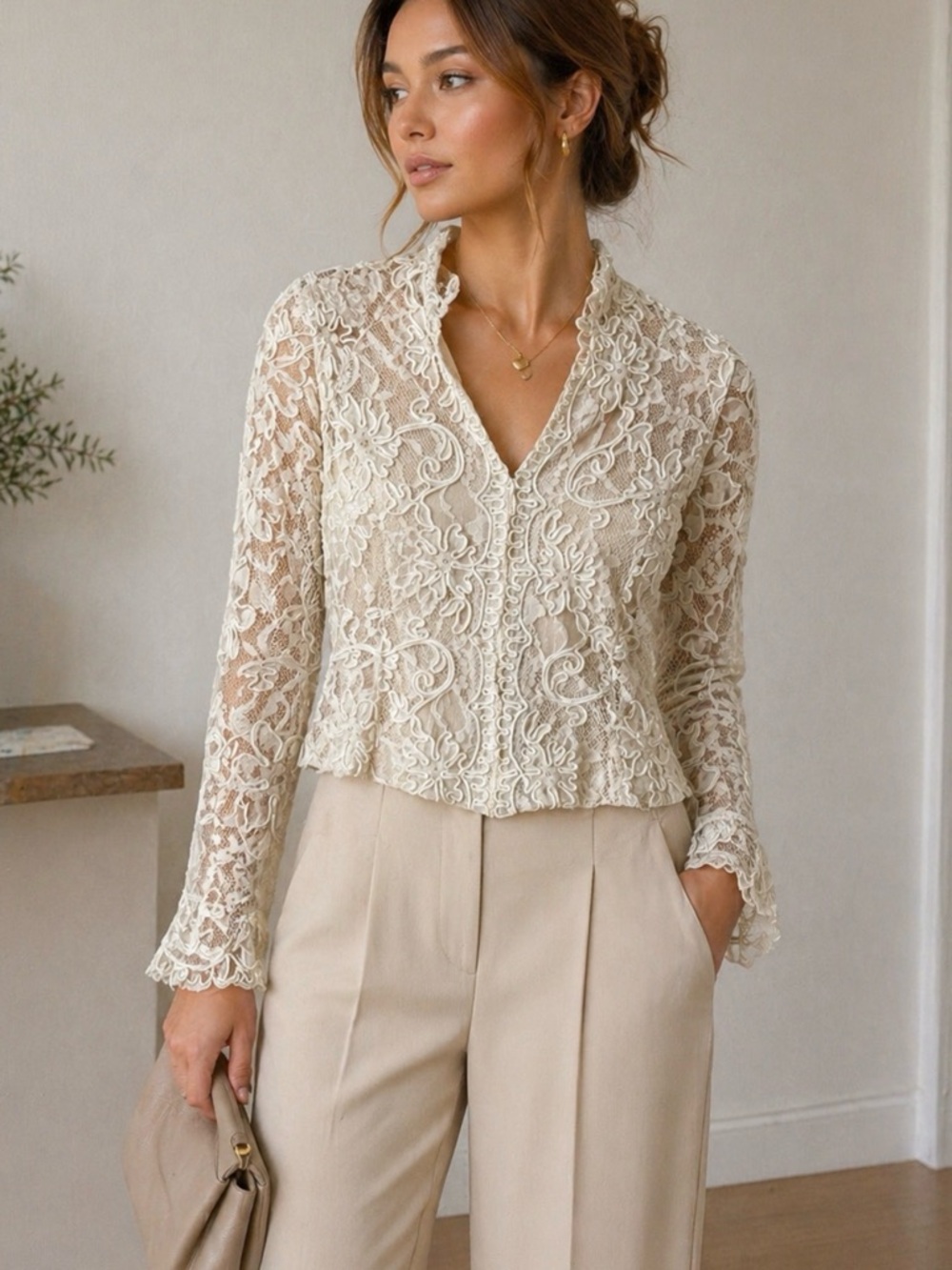 Kay Celine Cream Lace V-Neck Button Front Blouse